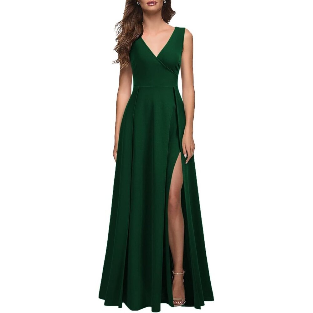 Women's Green Polyester V Neck Sleeveless Split Formal Dress Cocktail Long Dress